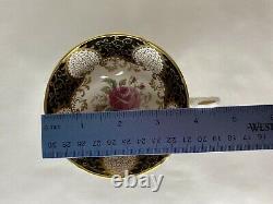 RARE PARAGON TEACUP & SAUCER BLACK & GOLD WITH PINK CABBAGE ROSE Excellent