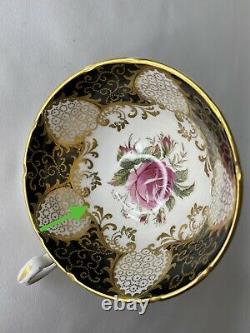 RARE PARAGON TEACUP & SAUCER BLACK & GOLD WITH PINK CABBAGE ROSE Excellent