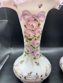 RARE Pair of Vintage Fenton Peach Crest Vases c. 1940-42, Charleton Rose