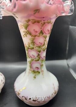 RARE Pair of Vintage Fenton Peach Crest Vases c. 1940-42, Charleton Rose