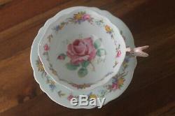 RARE Paragon Butterfly handle Cabbage Rose Flowers blue teacup tea cup saucer