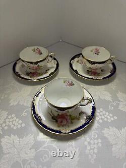 RARE Set Of 3 Royal Crown Derby Bone China Tea Cups & Saucers With Cabbage Rose