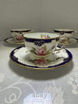 RARE Set Of 3 Royal Crown Derby Bone China Tea Cups & Saucers With Cabbage Rose