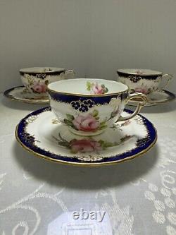 RARE Set Of 3 Royal Crown Derby Bone China Tea Cups & Saucers With Cabbage Rose