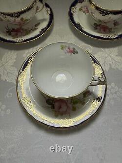 RARE Set Of 3 Royal Crown Derby Bone China Tea Cups & Saucers With Cabbage Rose