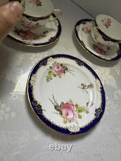 RARE Set Of 3 Royal Crown Derby Bone China Tea Cups & Saucers With Cabbage Rose