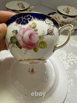 RARE Set Of 3 Royal Crown Derby Bone China Tea Cups & Saucers With Cabbage Rose