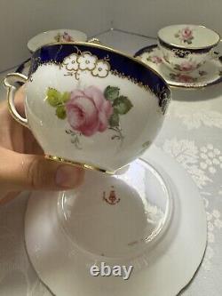 RARE Set Of 3 Royal Crown Derby Bone China Tea Cups & Saucers With Cabbage Rose