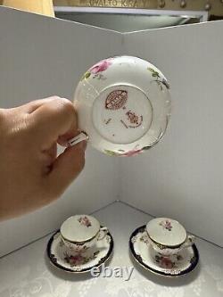 RARE Set Of 3 Royal Crown Derby Bone China Tea Cups & Saucers With Cabbage Rose