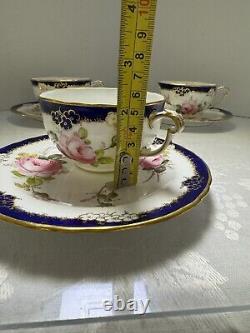 RARE Set Of 3 Royal Crown Derby Bone China Tea Cups & Saucers With Cabbage Rose