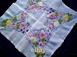 RARE Spectacular'Fairistytch' Roses/Sweetpeas/Lavender Hand Embroidered T/Cloth