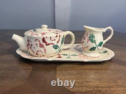 RARE VTGHartstone PotterySIGNEDPink Cabbage Rose Teapot, Cream, Tray, Mug set