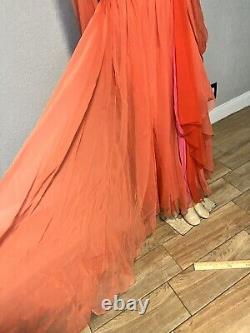 RARE VTG 60's HELEN ROSE ORANGE PINK Chiffon Evening Gown Dress DIAMOND ACCENT