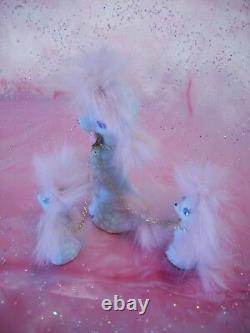 RARE VTG RHINESTONE Real Pink Fur & Rose Aqua Poodle Mom Baby Dog on Chain