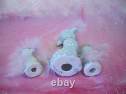 RARE VTG RHINESTONE Real Pink Fur & Rose Aqua Poodle Mom Baby Dog on Chain