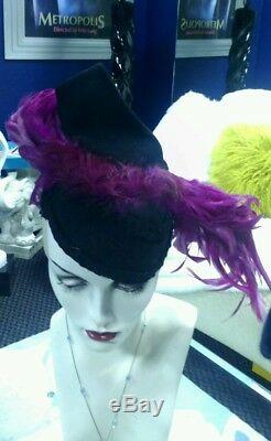 RARE Vintage 30's -40's Black Wool Felt Feather Fascinator Hat by ROSE