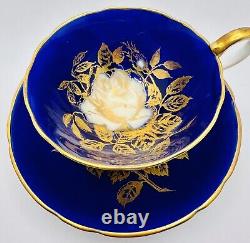 RARE Vintage Aynsley Cobalt Blue Cup & Saucer Large Floating Gold Rose Teacup