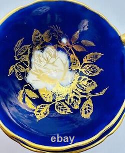 RARE Vintage Aynsley Cobalt Blue Cup & Saucer Large Floating Gold Rose Teacup