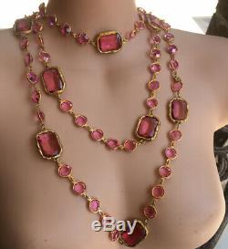RARE Vintage CHANEL Rose Pink Crystal Chicklet SAUTOIR Necklace 1981