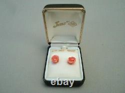 RARE Vintage Jems by JMS 14k Gold Pink Coral Hand Carved Flower / Rose Earrings