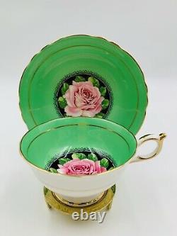 RARE Vintage PARAGON GREEN Round-Shape Teacup & Saucer PINK CABBAGE ROSE