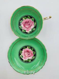 RARE Vintage PARAGON GREEN Round-Shape Teacup & Saucer PINK CABBAGE ROSE