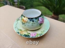 RARE Vintage T&V Limoges France Gold & Pink Cabbage Rose Cup & Saucer 1 pc