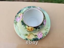 RARE Vintage T&V Limoges France Gold & Pink Cabbage Rose Cup & Saucer 1 pc