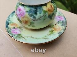 RARE Vintage T&V Limoges France Gold & Pink Cabbage Rose Cup & Saucer 1 pc