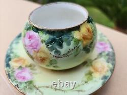 RARE Vintage T&V Limoges France Gold & Pink Cabbage Rose Cup & Saucer 1 pc