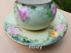 RARE Vintage T&V Limoges France Gold & Pink Cabbage Rose Cup & Saucer 1 pc