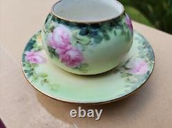 RARE Vintage T&V Limoges France Gold & Pink Cabbage Rose Cup & Saucer 1 pc