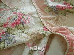 RARE Vintage barkcloth twin full bedspread pale PINK cabbage roses must C