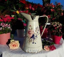 RARE antique enameled french Japy pitcher pink rose pansy 1930s jug pot