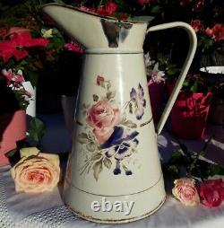 RARE antique enameled french Japy pitcher pink rose pansy 1930s jug pot