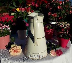RARE antique enameled french Japy pitcher pink rose pansy 1930s no coffee pot
