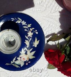 RARE antique french enameled blue candlestick holder butterfly pink rose 1900