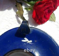 RARE antique french enameled blue candlestick holder butterfly pink rose 1900