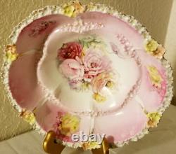 RS Prussia Bowl 10 1/2 Mold 53a Floral design Pink Rose Vignettes RARE HTF