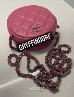 Rare 100% AUTH CHANEL Rose Pink Lambskin Leather Round Mini Chain Clutch Bag