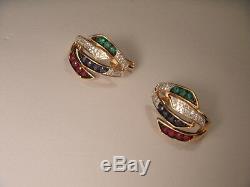 Rare 14K Pink Rose Gold Diamond Emerald Sapphire Ruby Earrings