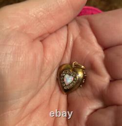 Rare 14k Gold Victorian Heart Shaped locket Heart Shaped Opal Rose Cut Diamonds