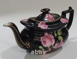 Rare 1920-30s Crown Ducal England PINK CABBAGE ROSE Large TEAPOT Black Colorway