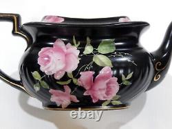 Rare 1920-30s Crown Ducal England PINK CABBAGE ROSE Large TEAPOT Black Colorway
