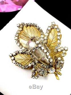 Rare 1940's Miriam Haskell Frank Hess Rose Montee Faux Pearl Floral Leaf Brooch