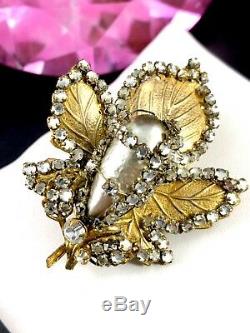 Rare 1940's Miriam Haskell Frank Hess Rose Montee Faux Pearl Floral Leaf Brooch