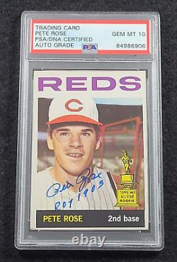 Rare 1964 PETE ROSE Signed Inscribed ROY 1963 Topps Card-REDS-PSA 10 Auto