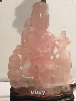Rare 21 Carved Rose Quartz Buddha & Children Table Lamp