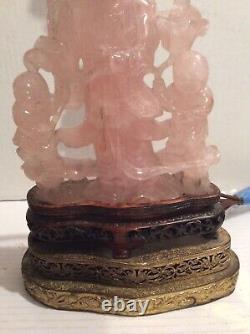Rare 21 Carved Rose Quartz Buddha & Children Table Lamp