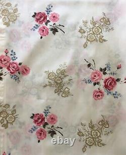 Rare (2) Vtg MCM Long Curtain Drapes Fabric Pink Red Gold Rose Floral Pleat 88